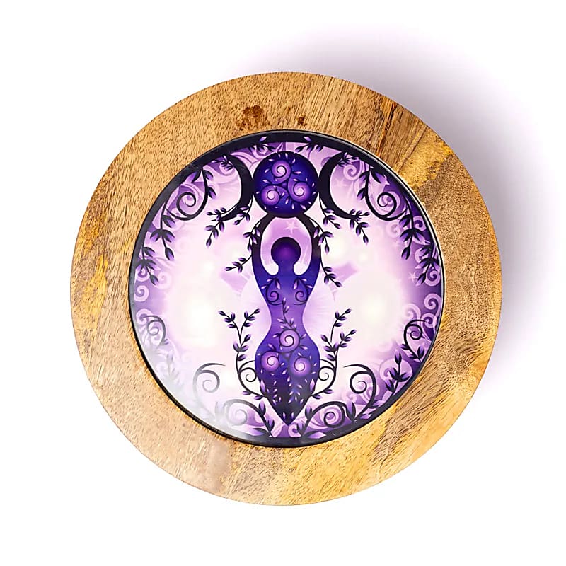 Wooden side table Moon goddess print on glass wholesale