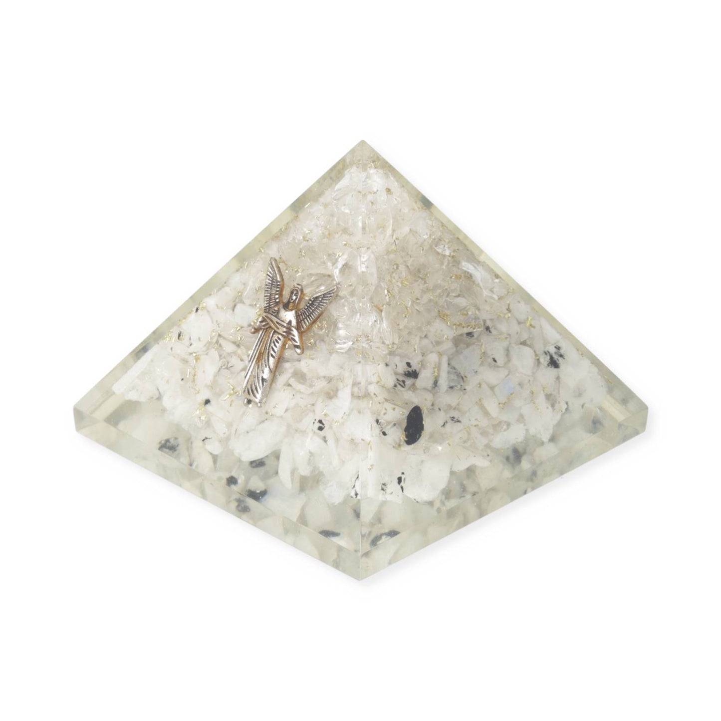 Pirámide de orgonita con piedra luna arcoíris y cuarzo transparente y ángel Gabriel