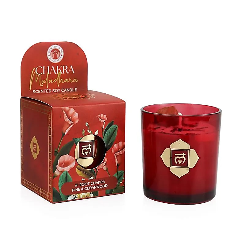 Bougie parfumée en cire de soja chakra Muladhara pin & bois de cèdre