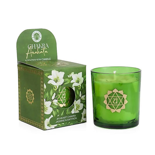 Candela profumata in cera di soia chakra Anahata gelsomino e zafferano