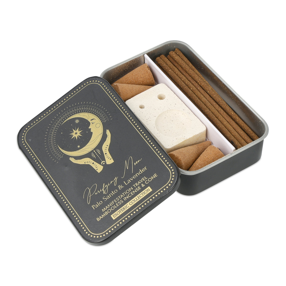 Incienso Esoteric Collection Purifying Moon & quemador en cajita deslizante de hojalata