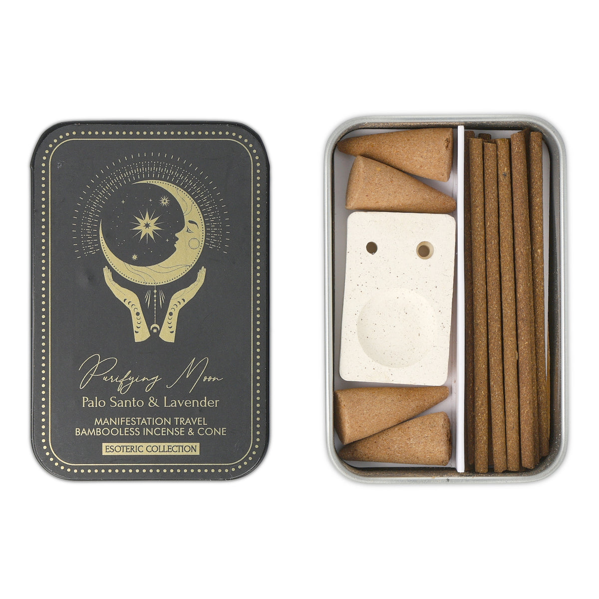 Incienso Esoteric Collection Purifying Moon & quemador en cajita deslizante de hojalata