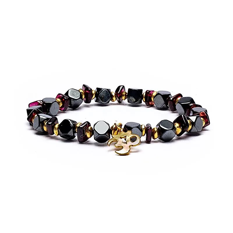 Bracelet Hémétite / Grenat facetté avec Om élastiqué