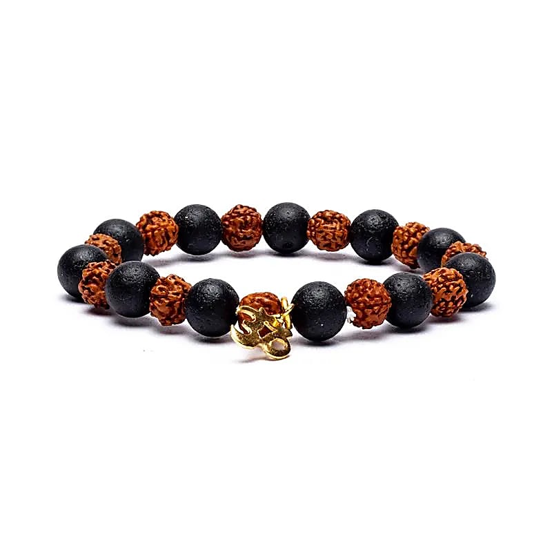 Bracelet Rudraksha/Pierre de lave avec Om - élastiqué