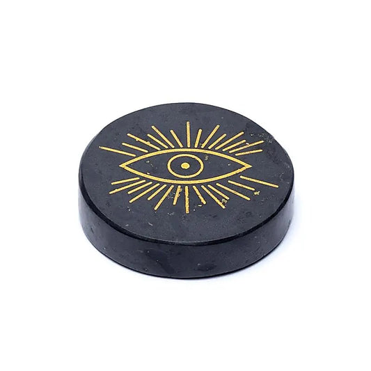 Disque minéral gravé tourmaline noire oeil qui voit tout