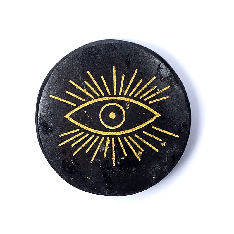 Disque minéral gravé tourmaline noire oeil qui voit tout de gros