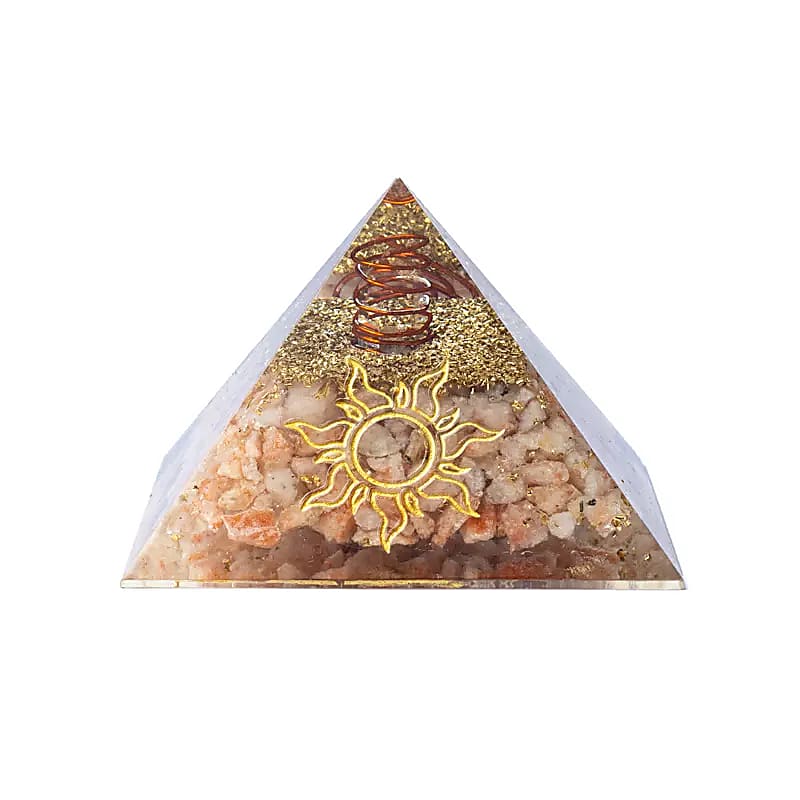 Pyramide d'orgonite pierre du soleil et symbole solaire