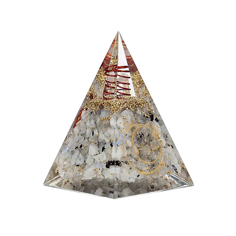 Pyramide orgonite en pierre de lune avec symbole de la lune de gros