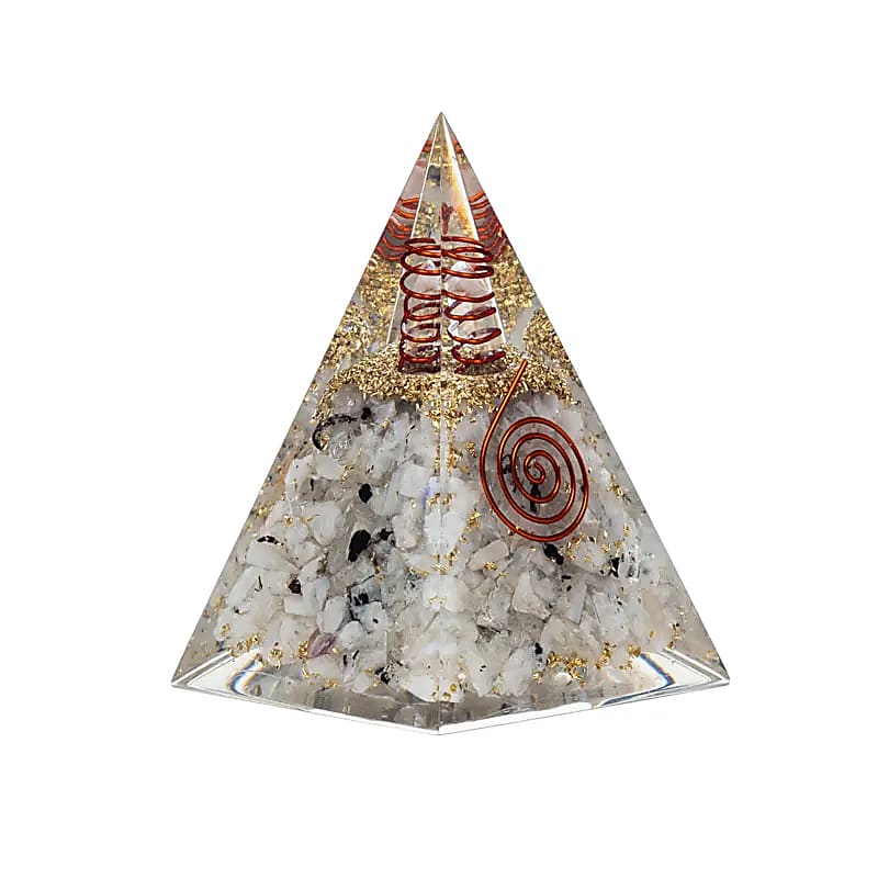 Pyramide orgonite en pierre de lune avec symbole de la lune
