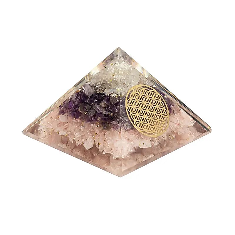 Pirámide de orgonita triángulo dorado con Flor de la Vida