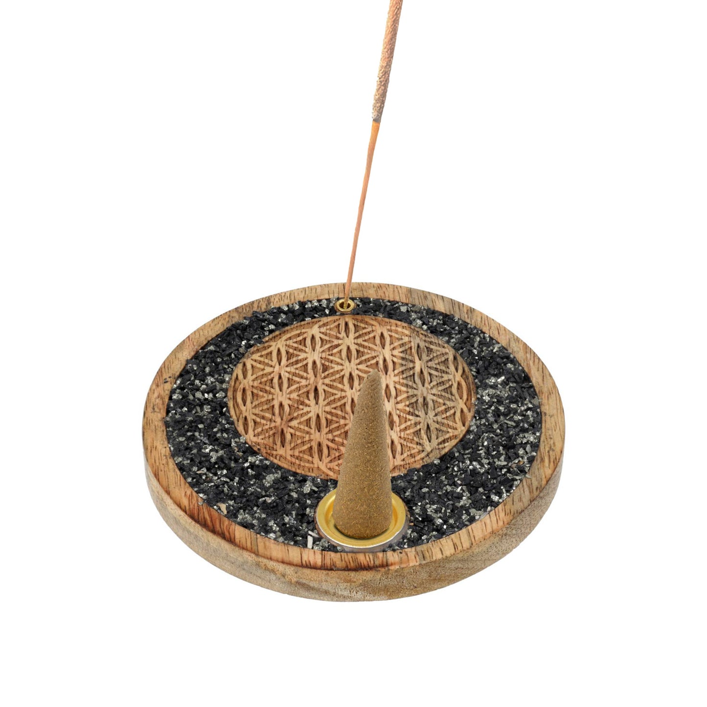 Räucherkegelhalter Blume des Lebens Turmalin und Pyrit Mangoholz