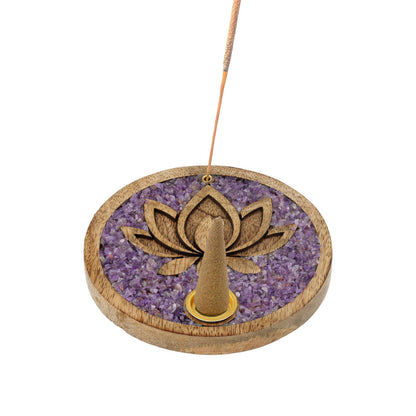 Incense cone holder Lotus amethyst mango wood wholesale thumb