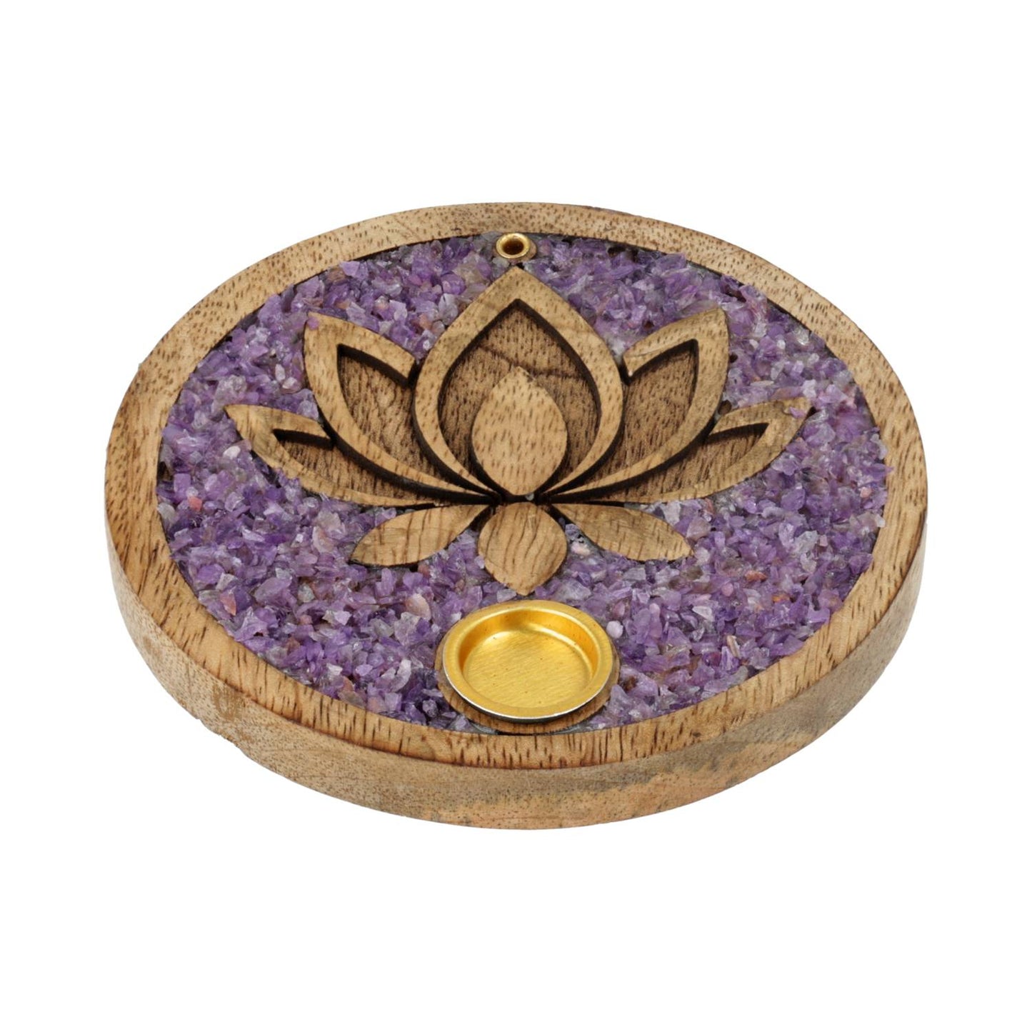 Incense cone holder Lotus amethyst mango wood