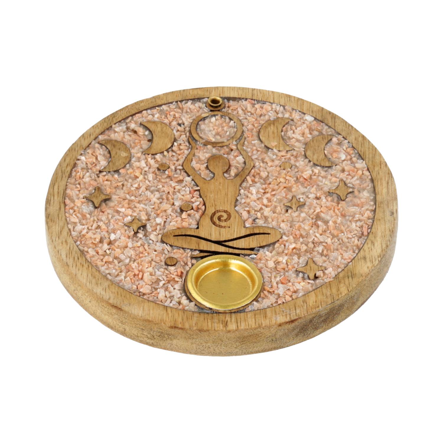 Incense cone holder Goddess moon phases pink moonstone mango wood