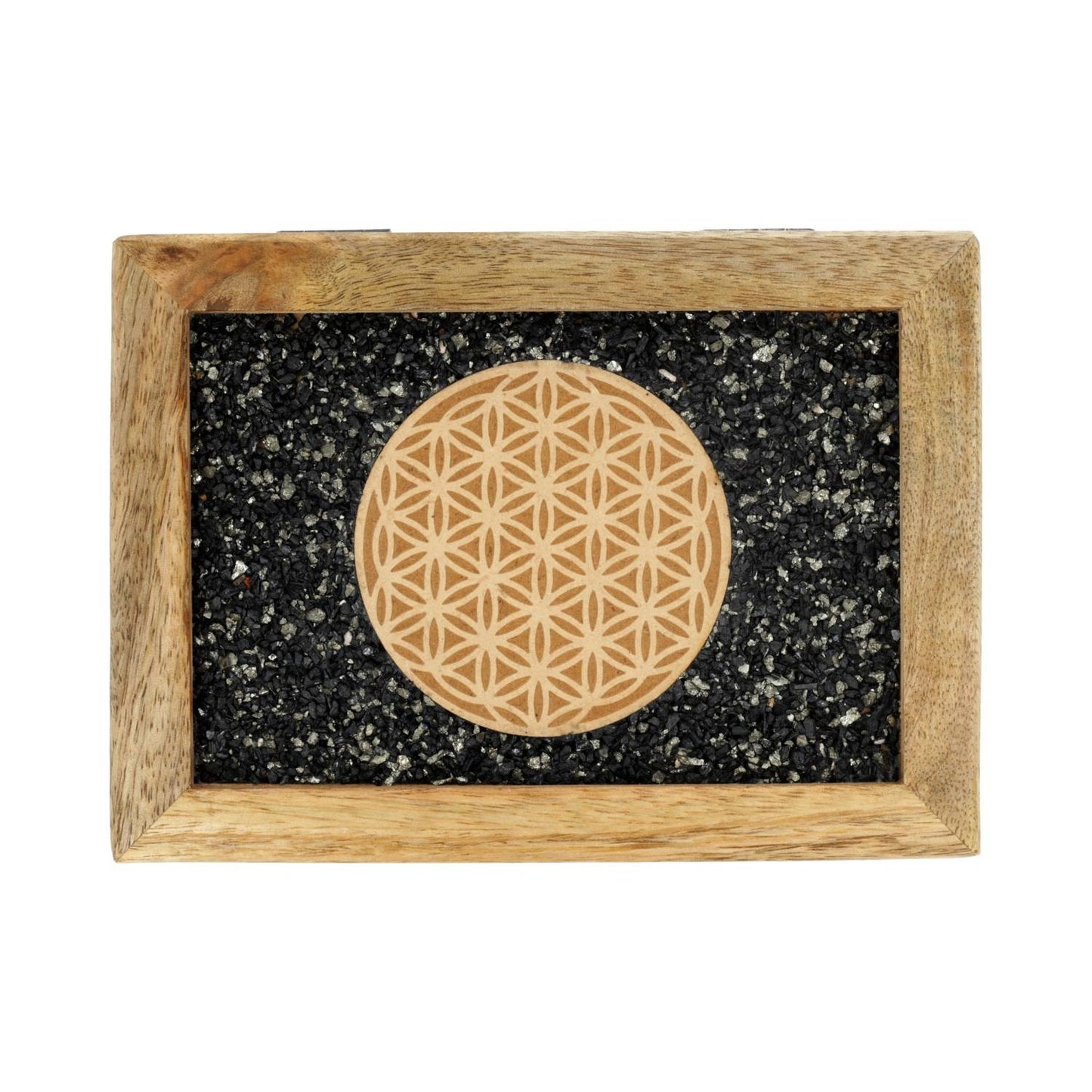 Tarot sieradendoos Flower of life toermalijn en pyriet mangohout