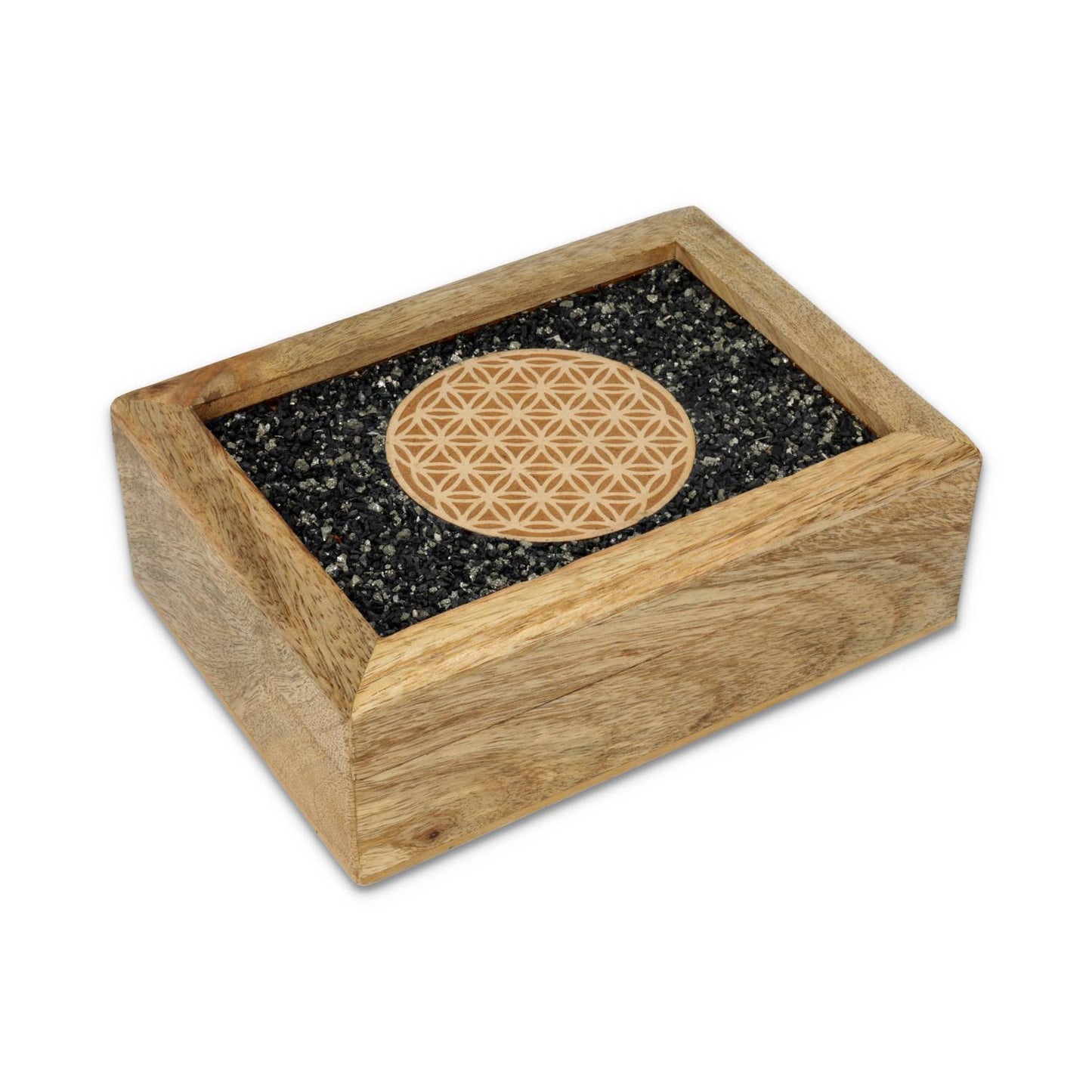 Tarot sieradendoos Flower of life toermalijn en pyriet mangohout