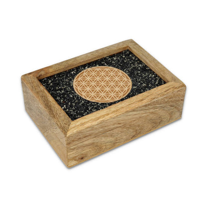 Tarot sieradendoos Flower of life toermalijn en pyriet mangohout thumb