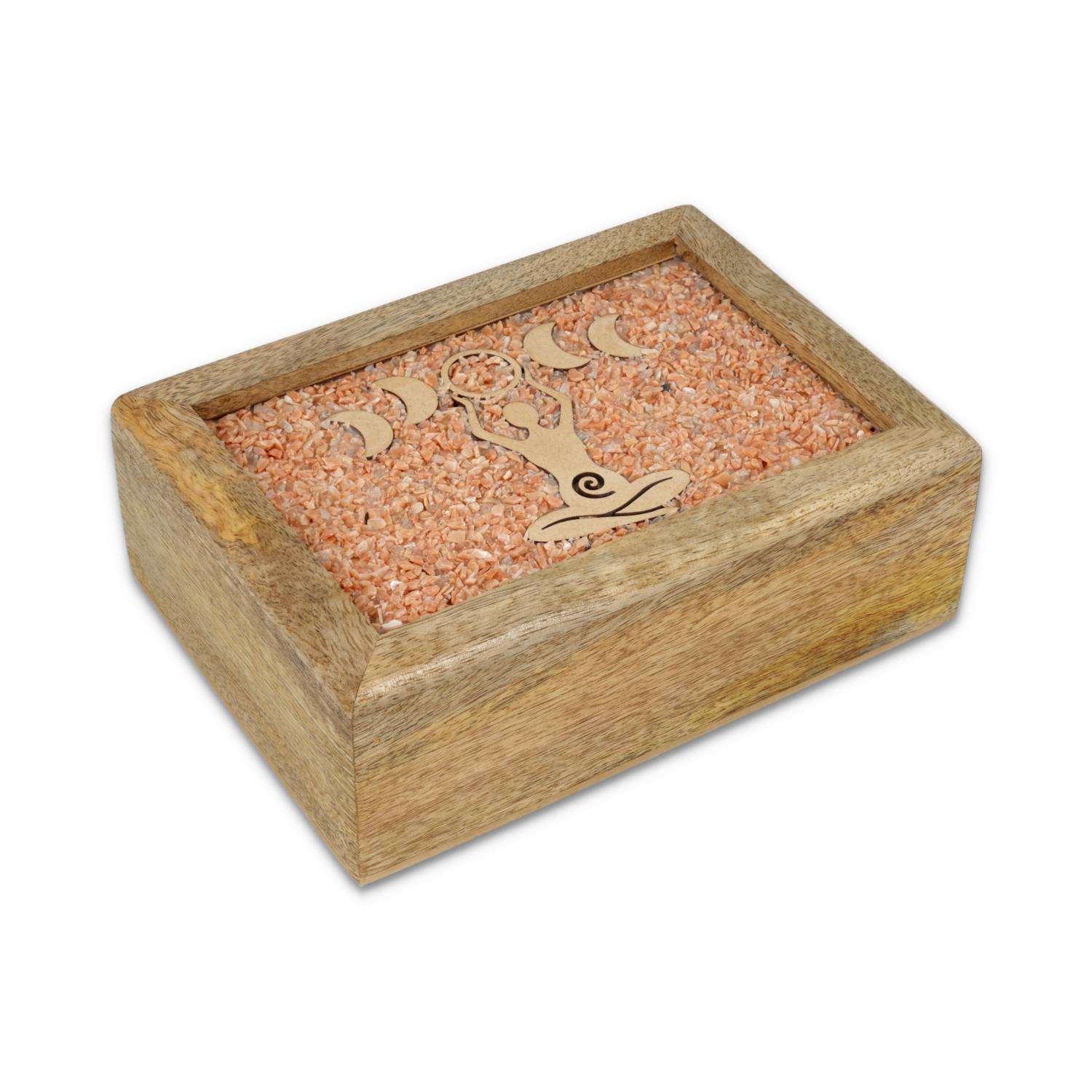 Tarot jewellery box Goddess moon phases pink moonstone mango wood