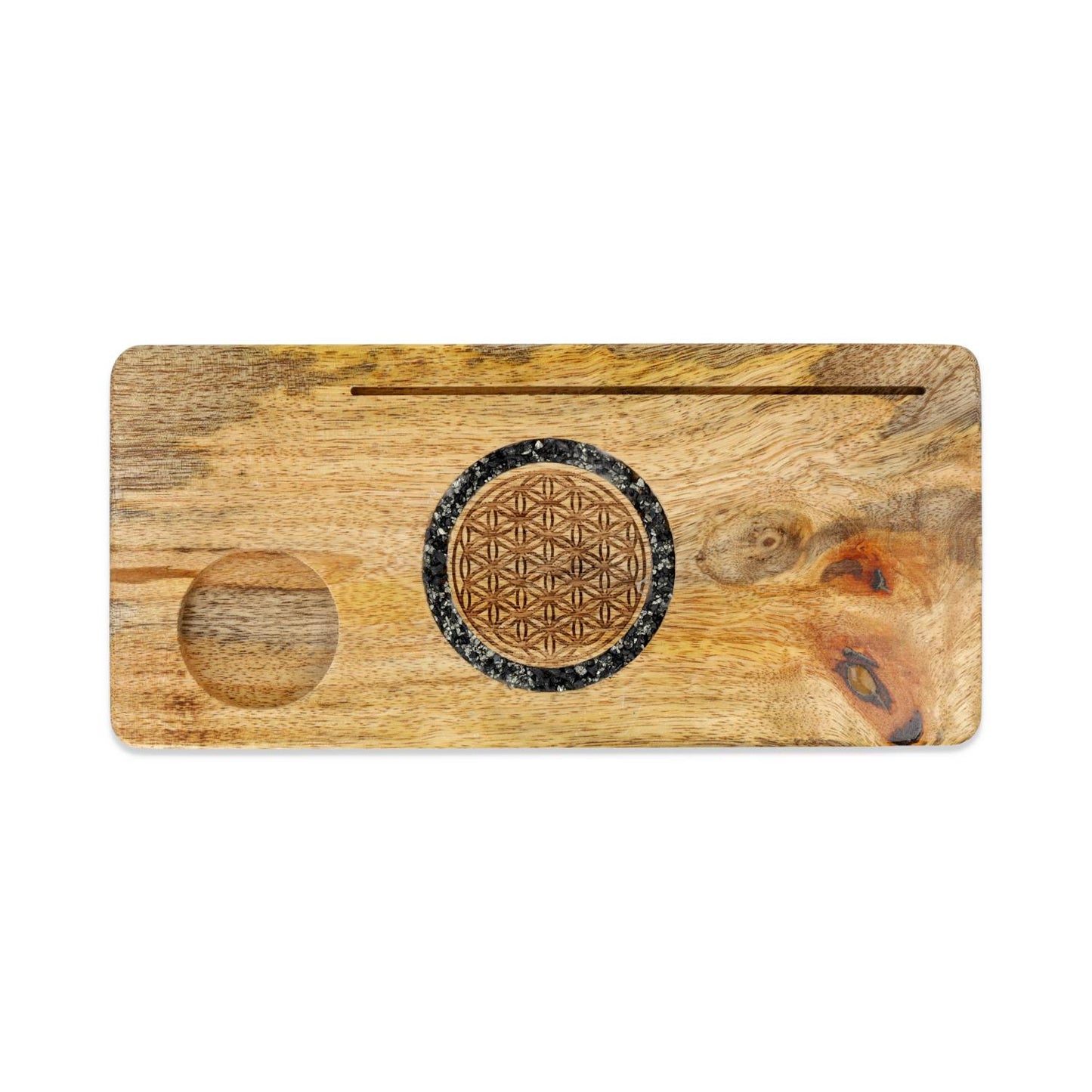 Portacarte Fiore della vita tormalina e pirite legno di mango