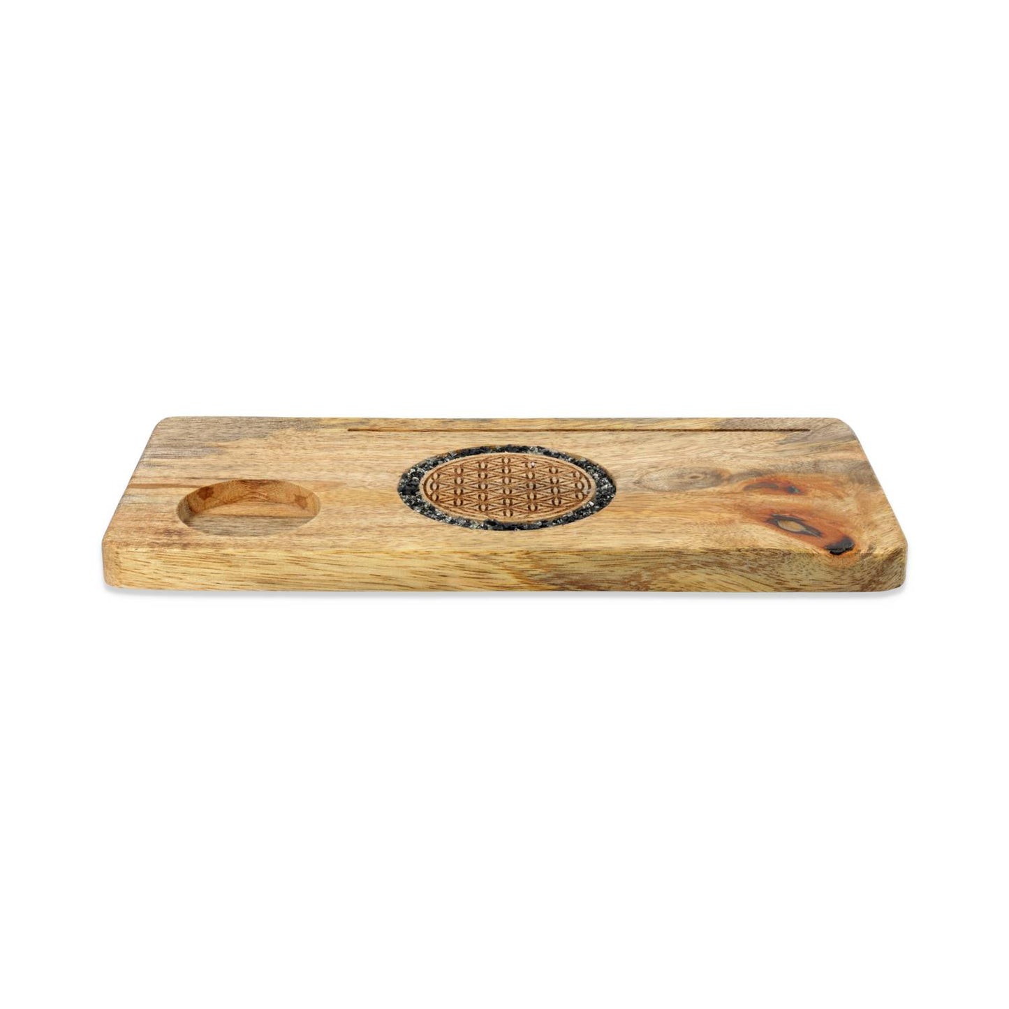 Portacarte Fiore della vita tormalina e pirite legno di mango