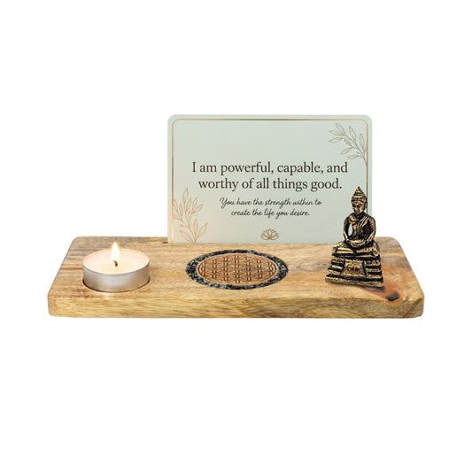 Kaarthouder Flower of life toermalijn en pyriet mangohout