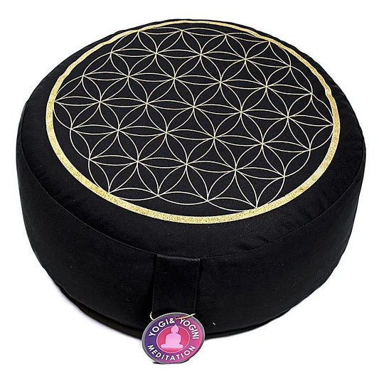 Meditation cushion Flower of Life black/gold print
