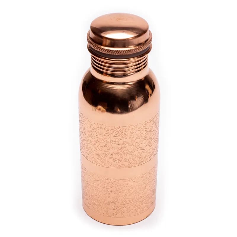 Botella de cobre con diseño floral grabado