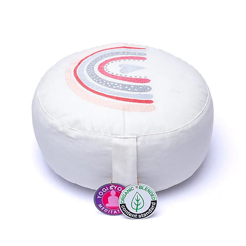 Meditation cushion round white rainbow organic cotton (OCS)