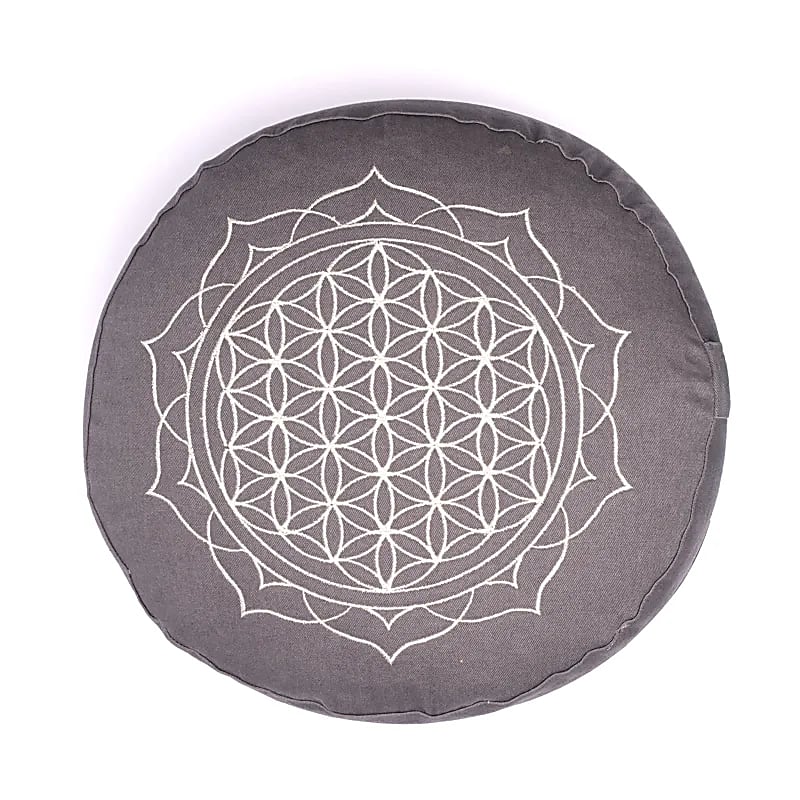 Meditatiekussen Bloem des levens mandala grijs biokatoen (OCS)