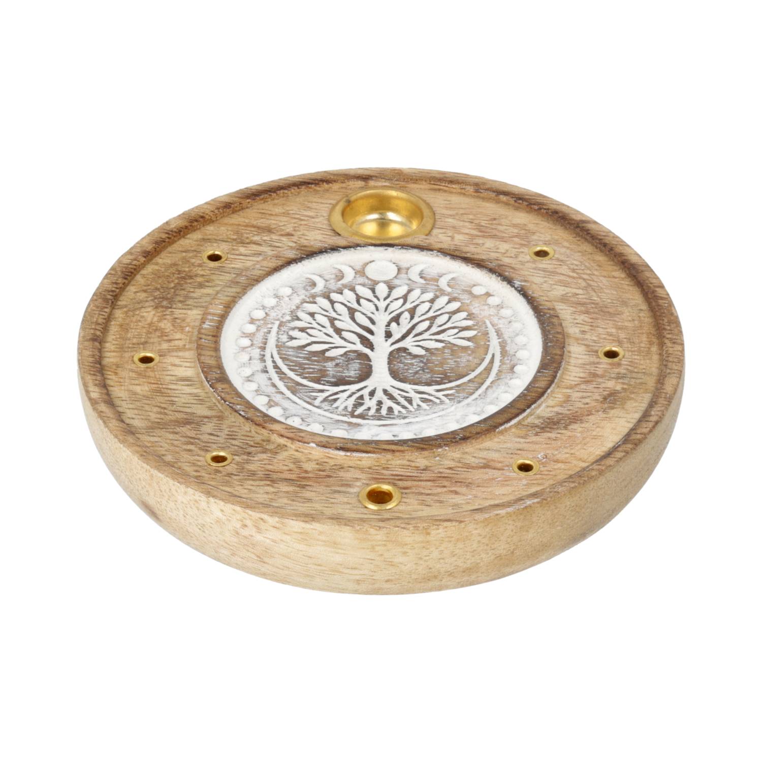 Portaincienso Redondo Árbol de la Vida Madera de Mango blanqueada