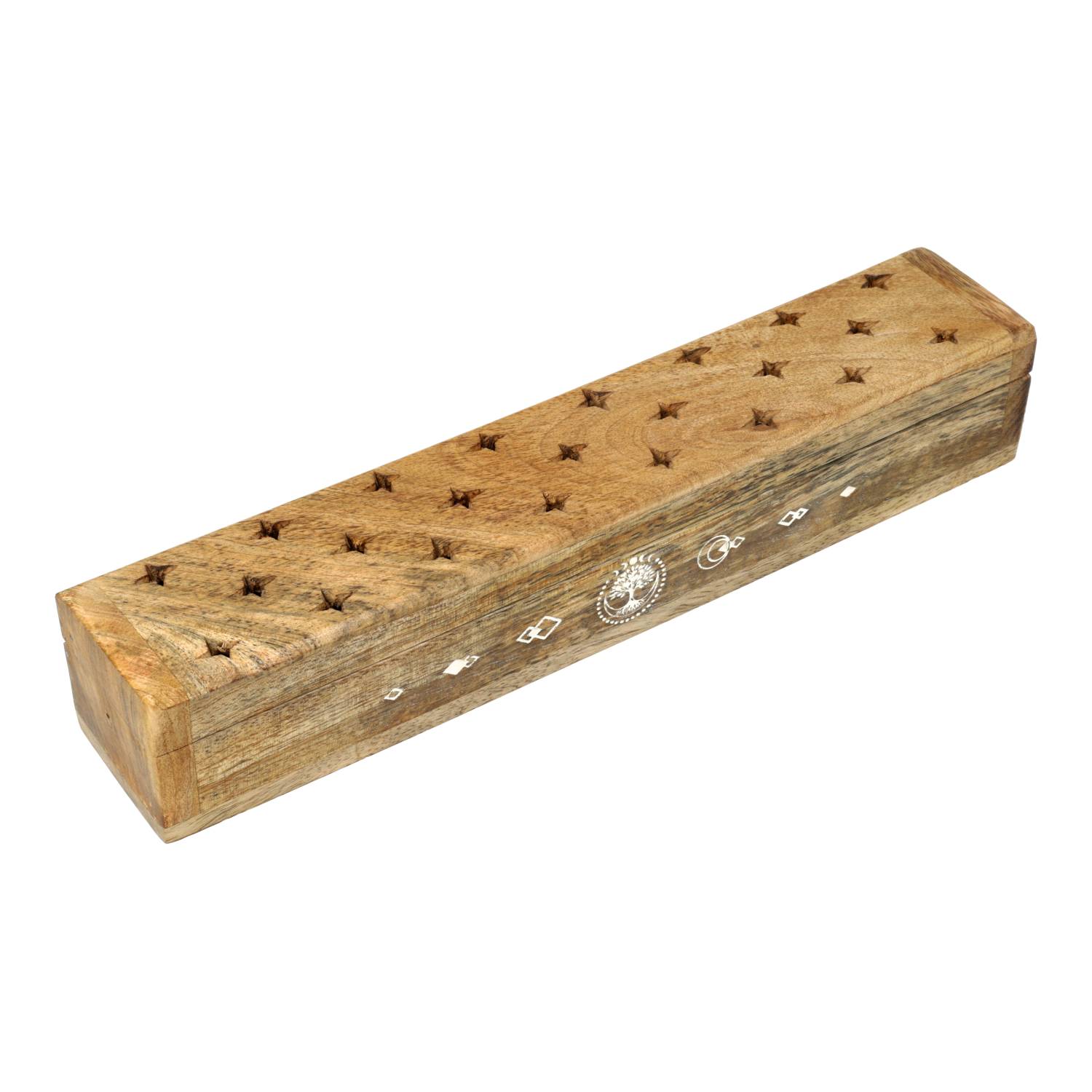 Quemador de incienso cofre Árbol de la Vida madera de mango whitewash