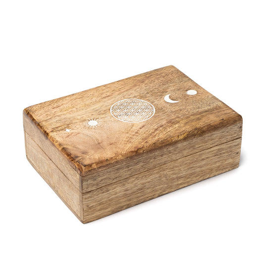 Tarot Box Flower of Life Whitewashed Mango Wood