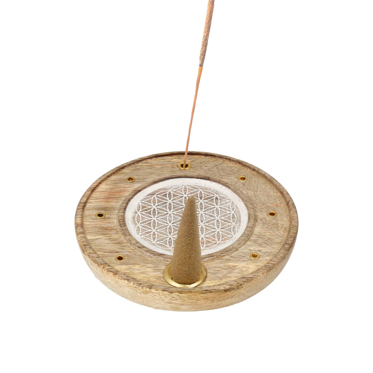 Round Incense Holder Flower of Life Whitewashed Mango Wood