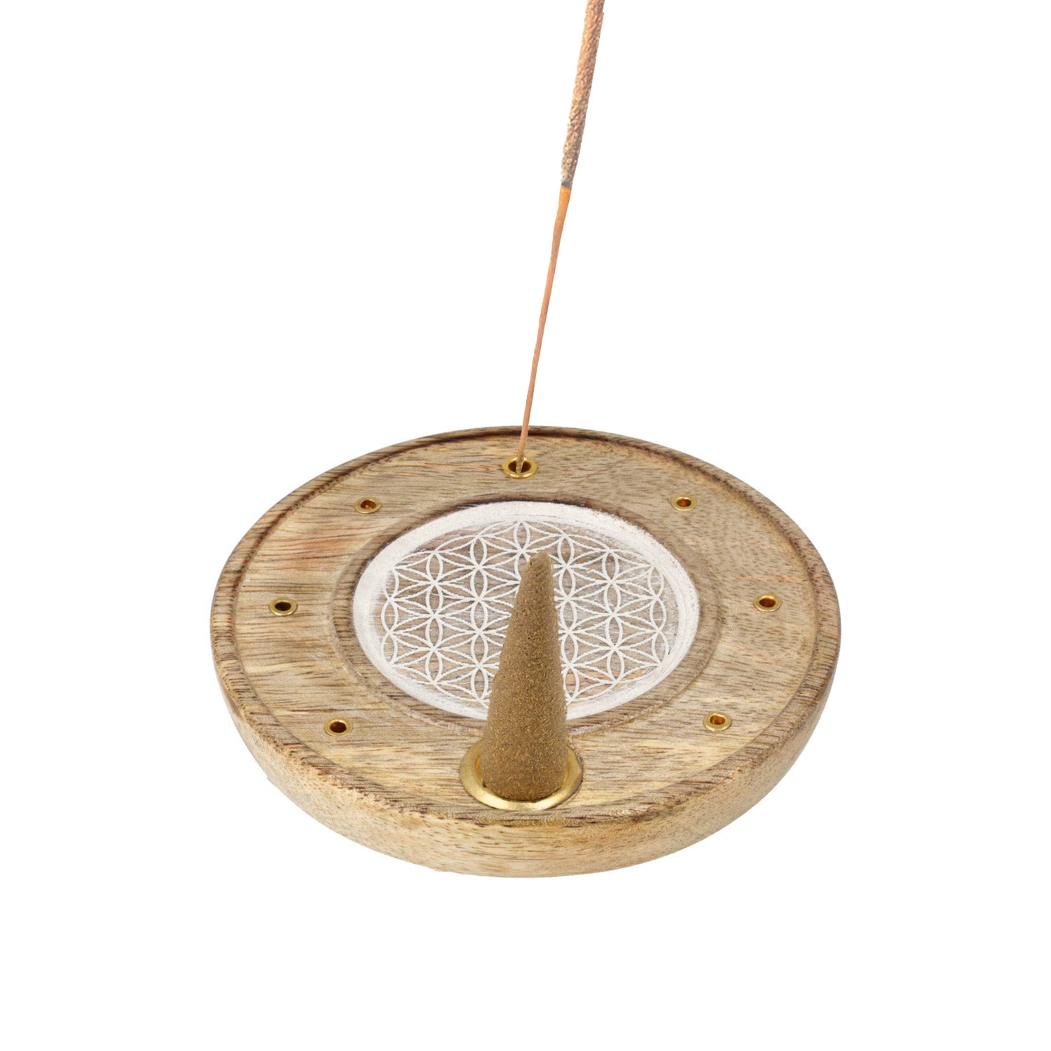 Round Incense Holder Flower of Life Whitewashed Mango Wood wholesale