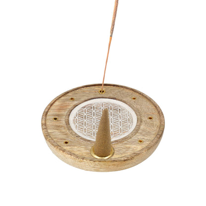 Round Incense Holder Flower of Life Whitewashed Mango Wood wholesale thumb
