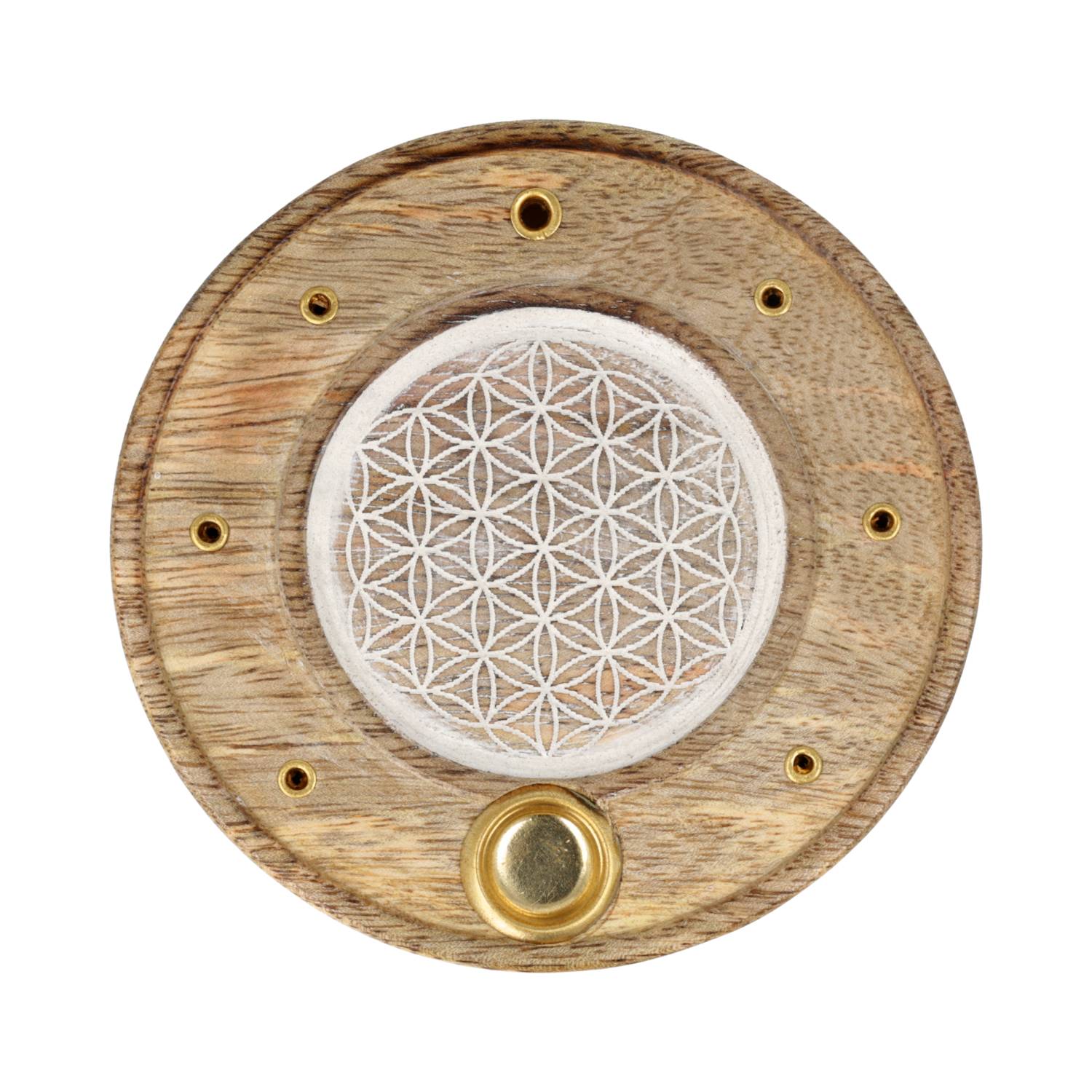 Buy Round Incense Holder Flower of Life Whitewashed Mango Wood