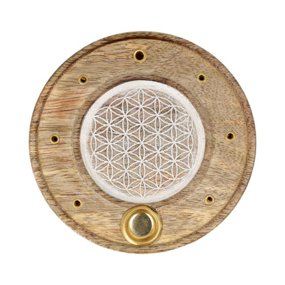 Buy Round Incense Holder Flower of Life Whitewashed Mango Wood thumb