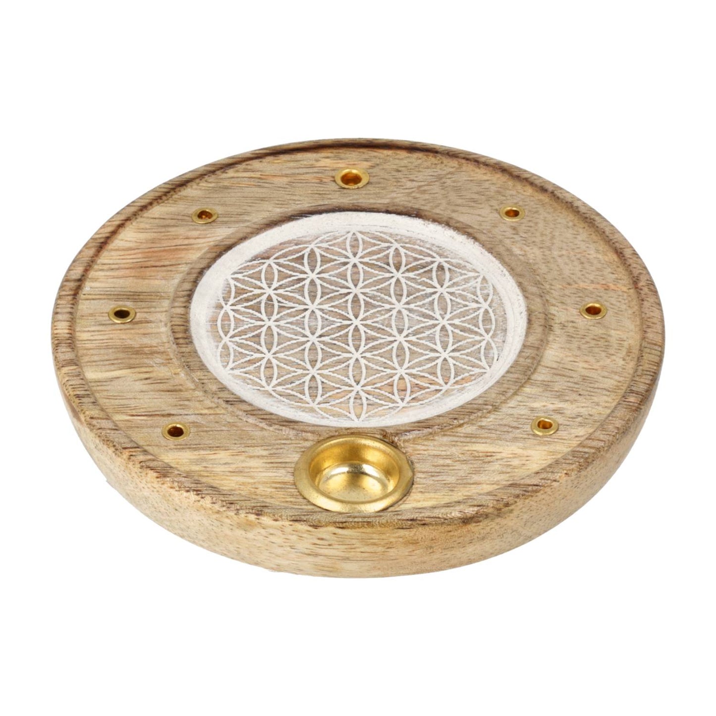 Round Incense Holder Flower of Life Whitewashed Mango Wood
