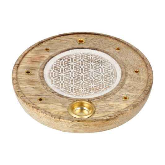 Round Incense Holder Flower of Life Whitewashed Mango Wood
