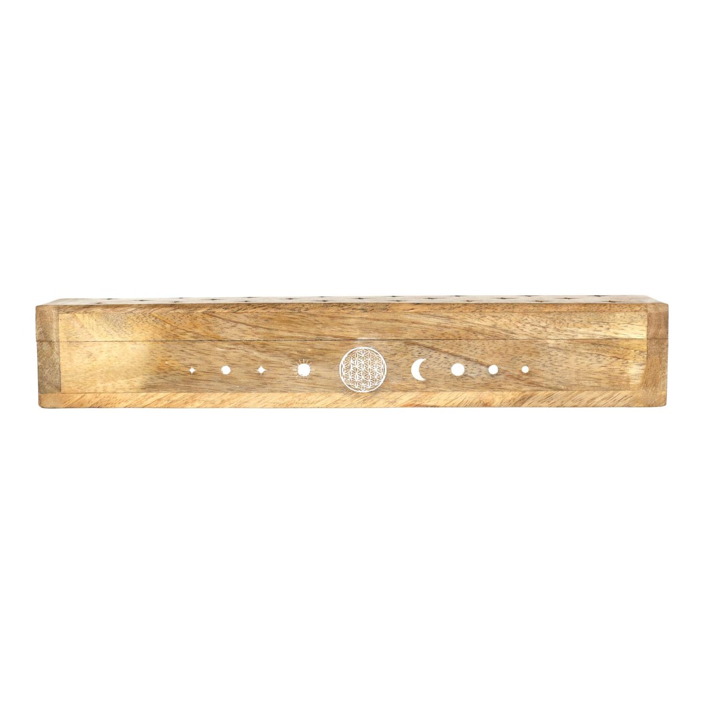 Quemador de incienso cofre Flor de la Vida madera de mango whitewash