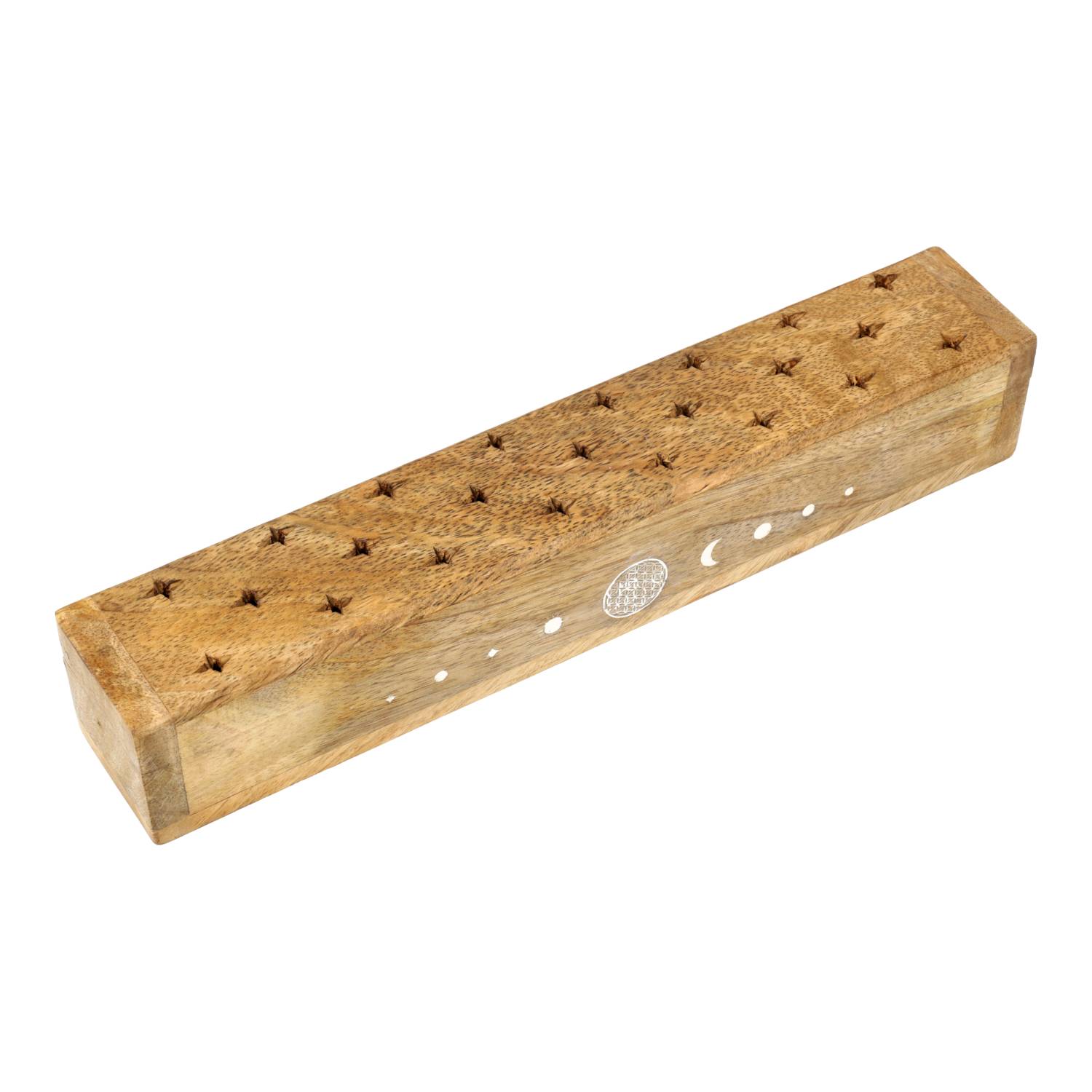 Quemador de incienso cofre Flor de la Vida madera de mango whitewash