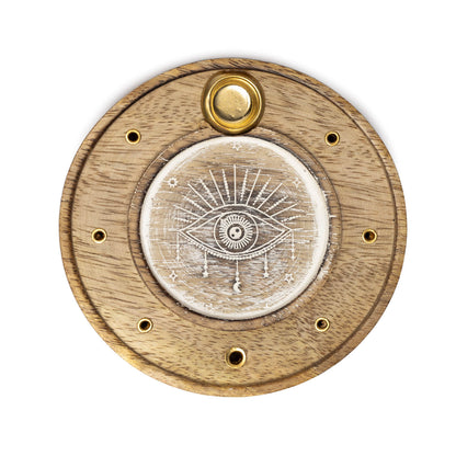 Round Incense Holder All-Seeing Eye Whitewashed Mango Wood wholesale thumb
