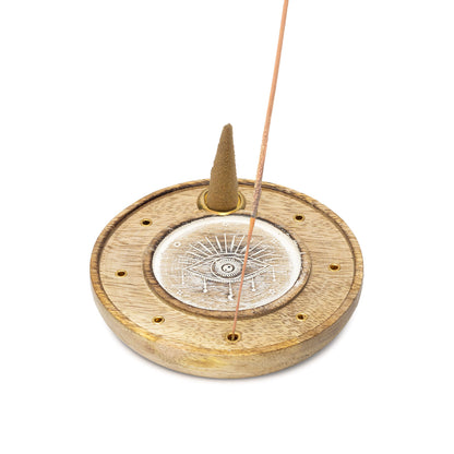 Porte-Encens Rond Œil Omnivoyant Bois de Manguier blanchi de gros thumb