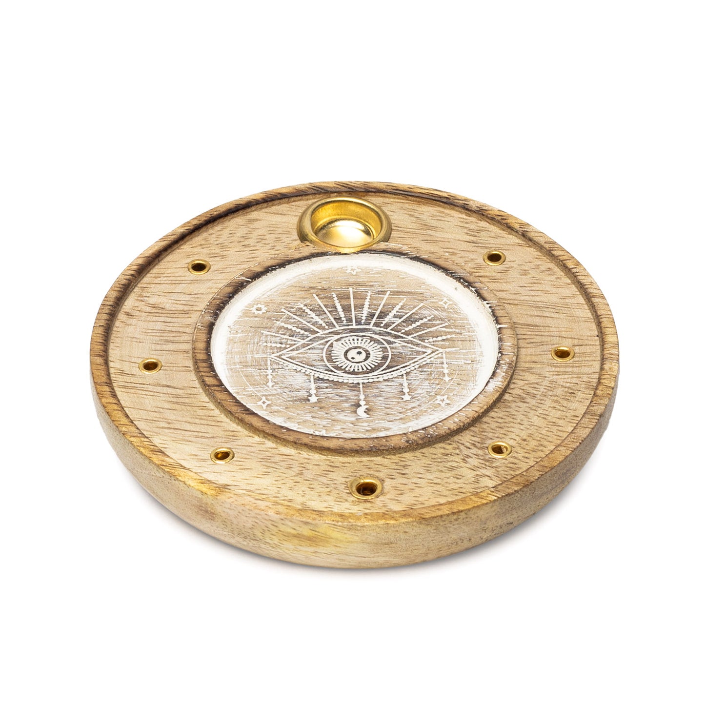 Round Incense Holder All-Seeing Eye Whitewashed Mango Wood