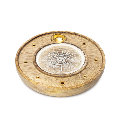 Round Incense Holder All-Seeing Eye Whitewashed Mango Wood thumb